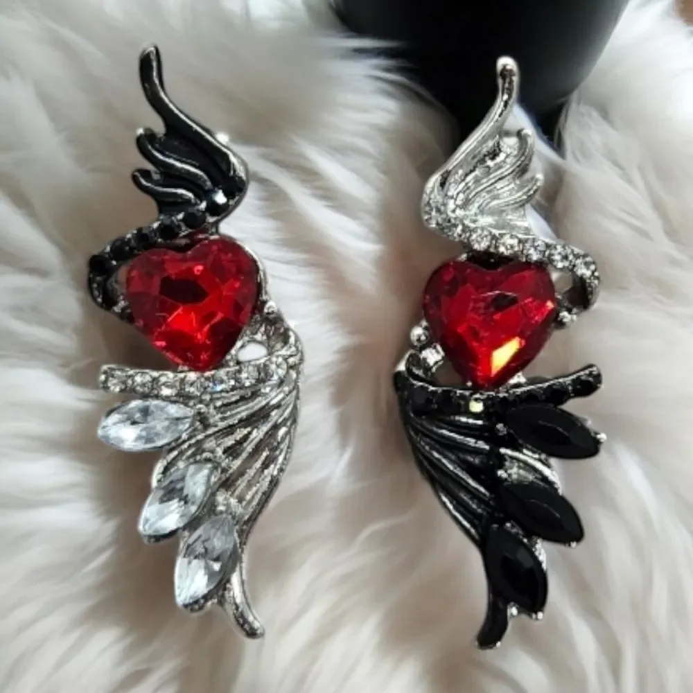Gothic Winged Red Heart Earrings Silver Angel Wings Edgy Baddie Goth Jewelry NWT